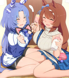 Rule 34 | 2girls, :d, abmayo, animal ears, baby bottle, bag, between breasts, blue hair, blush, bottle, bow, breasts, brown hair, cat ears, cat teaser, closed eyes, commentary request, ear covers, fake animal ears, godolphin barb (umamusume), hair bow, highres, holding, holding bottle, holding rattle, horse ears, horse girl, horse tail, jacket, large breasts, long hair, long sleeves, multicolored hair, multiple girls, no shoes, open mouth, rattle, shorts, shoulder bag, sitting, sleeveless, sleeveless turtleneck, smile, strap between breasts, streaked hair, super creek (umamusume), tail, track jacket, turtleneck, umamusume, wariza, white hair