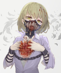 Rule 34 | 1boy, artist request, bandages, blonde hair, blood, blood in hair, blood on hands, blouse, chain, chained, character request, collarbone, copyright request, cross, feathers, green hair, grey background, head tilt, jacket, jewelry, looking at viewer, male focus, mask, mouth mask, necklace, open clothes, open shirt, purple shirt, shirt, solo, tongue, tongue out, vampire, white jacket, yellow eyes, yuu kisetu bi