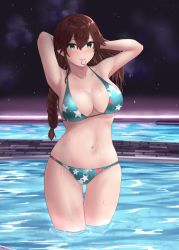 Rule 34 | 1girl, alternate hairstyle, aqua eyes, bikini, blue bikini, blush, braid, breasts, brown hair, commission, hair between eyes, hair tie, hair tie in mouth, hands in hair, jouzaburou (joe3), kantai collection, large breasts, looking at viewer, mouth hold, night, noshiro (kancolle), outdoors, pool, side braid, skeb commission, sky, solo, star (symbol), star print, swimsuit, wading, water, wet