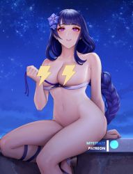 Rule 34 | 1girl, arm support, bare shoulders, blue nails, blush, braid, breasts, censored, cleavage, collarbone, feet out of frame, flower, genshin impact, hair flower, hair ornament, large breasts, legs, long hair, looking at viewer, low-braided long hair, low-tied long hair, mole, mole under eye, mystra77, nail polish, navel, night, nude, open mouth, parted lips, pink lips, purple eyes, purple hair, raiden shogun, sandals, sitting, sky, smile, solo, star (sky), starry sky, stomach, thighs