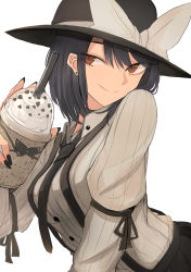 Rule 34 | 1girl, arm garter, black hair, black hat, black nails, black necktie, black skirt, bow, brown eyes, cappuccino, closed mouth, collared shirt, commentary, cup, disposable cup, drinking straw, earrings, fedora, grey shirt, hat, hat bow, head tilt, highres, holding, holding cup, jewelry, leaning forward, long sleeves, looking at viewer, medium hair, nail polish, necktie, necro (nekurodayo), shirt, simple background, skirt, smile, solo, striped clothes, striped shirt, stud earrings, suspender skirt, suspenders, touhou, upper body, usami renko, vertical-striped clothes, vertical-striped shirt, white background, white bow, wing collar