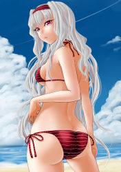 Rule 34 | 1girl, ass, bad id, bad pixiv id, beach, bikini, breasts, butt crack, cloud, day, from behind, hairband, idolmaster, idolmaster (classic), long hair, looking at viewer, looking back, medium breasts, outdoors, parted lips, red eyes, run p (aveton), shijou takane, side-tie bikini bottom, sideboob, silver hair, sky, solo, striped bikini, striped clothes, swimsuit, very long hair