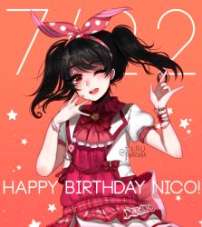 Rule 34 | 1girl, ;d, \m/, black hair, bow, bowtie, bracelet, character name, commentary, dated, hair ribbon, hairband, happy birthday, jewelry, long hair, looking at viewer, love live!, love live! school idol project, nico nico nii, one eye closed, open mouth, orange background, puffy short sleeves, puffy sleeves, red bow, red bowtie, red eyes, ribbon, short sleeves, simple background, smile, solo, star (symbol), starry background, swept bangs, terupancake, twintails, twitter username, yazawa nico