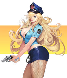 Rule 34 | 1girl, black bra, blonde hair, blouse, blue eyes, blue nails, blue shirt, blue skirt, bobobong, bra, breasts, button gap, cleavage, cowboy shot, crop top, cuffs, finger on trigger, fingernails, fishnet pantyhose, fishnets, flipped hair, gun, hair over one eye, handcuffs, handgun, hat, highres, holding, holding gun, holding weapon, lips, long hair, looking at viewer, medium breasts, midriff, miniskirt, nail polish, open clothes, open shirt, panty &amp; stocking with garterbelt, panty (psg), pantyhose, parted bangs, partially unbuttoned, peaked cap, pink lips, pinup (style), police, police uniform, policewoman, revolver, shirt, short sleeves, skirt, solo, standing, taut clothes, taut shirt, torn clothes, torn pantyhose, underwear, uniform, weapon