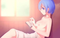 Rule 34 | 10s, 1girl, bad id, bad pixiv id, blanket, blue eyes, blue hair, blurry, bob cut, book, breasts, cleavage, closed mouth, collarbone, depth of field, eyebrows, from side, holding, holding book, looking at viewer, looking to the side, matching hair/eyes, medium breasts, nipples, nude, open book, qiongsheng, re:zero kara hajimeru isekai seikatsu, rem (re:zero), short hair, sitting, solo, wall, window
