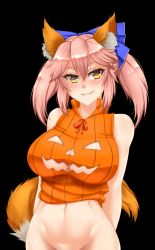 Rule 34 | 10s, 1girl, animal ears, black background, blush, bottomless, bow, breasts, brown eyes, cleavage, eyelashes, fate/extra, fate (series), fox ears, fox tail, groin, hair between eyes, hair bow, halloween, halloween costume, heart, heart-shaped pupils, huge breasts, looking at viewer, navel, no panties, out-of-frame censoring, pink hair, pumpkin sweater, simple background, smile, solo, standing, sweater, symbol-shaped pupils, tail, tamamo (fate), tamamo no mae (fate/extra), twintails, twrlare, yellow eyes