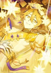 Rule 34 | 1boy, arin (huarin1216), arm up, armor, artist name, blonde hair, bright pupils, card, celestia (elsword), chain, closed mouth, commentary, earrings, elsword, english commentary, epaulettes, glowing, hair between eyes, hair ornament, hand chains, hand on own stomach, high collar, highres, holding, holding card, jewelry, looking at viewer, lying, male focus, noah ebalon, on back, short hair, shoulder armor, sideways glance, single earring, single epaulette, small stellated dodecahedron, smile, solo, star (symbol), star print, twitter username, white pupils, yellow eyes, yellow theme
