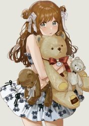 Rule 34 | 1girl, absurdres, animal print, bare arms, bare shoulders, bear print, blue eyes, bow, brown hair, closed mouth, commentary request, double bun, grey background, grey bow, hair bow, hair bun, highres, holding, holding stuffed toy, long hair, looking at viewer, hugging object, original, pomu (joynet), print skirt, red bow, simple background, skirt, solo, standing, stuffed animal, stuffed toy, teddy bear, white skirt