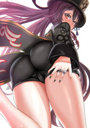 Rule 34 | 1girl, ass, black nails, black shorts, blush, brown hair, cameltoe, chinese clothes, coattails, embarrassed, from behind, from below, genshin impact, hat, hat ornament, highres, hu tao (genshin impact), huge ass, kein hasegawa, long hair, looking back, looking down, nail polish, red eyes, shiny clothes, shiny skin, short shorts, shorts, simple background, solo, thick thighs, thighs, top hat, twintails, very long hair, white background