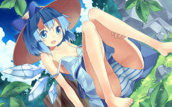 Rule 34 | 1girl, :d, ass, barefoot, blue dress, blue eyes, blue hair, blue sky, cirno, cloud, day, dress, female focus, grass, hat, hat ribbon, highres, ice, ice wings, knees together feet apart, looking at viewer, matching hair/eyes, mikan (bananoha), off shoulder, open mouth, panties, pantyshot, ribbon, sitting, sky, sleeveless, sleeveless dress, smile, solo, stone, strap slip, straw hat, striped clothes, striped panties, touhou, trefoil, underwear, upskirt, wings