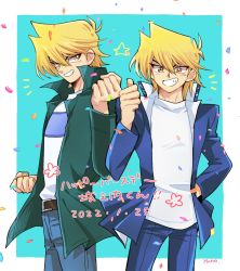 Rule 34 | 1boy, belt, blonde hair, blue jacket, blue pants, border, bright pupils, brown belt, commentary request, confetti, dated, green jacket, grin, hair between eyes, hand in pocket, hand up, highres, jacket, jonouchi katsuya, long sleeves, male focus, multiple views, open clothes, open jacket, orange eyes, outside border, pants, shirt, smile, teeth, thumbs up, translation request, white border, white pupils, white shirt, yu-gi-oh!, yuno (peppermintut)