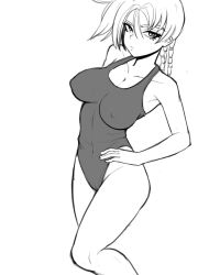 Rule 34 | 1girl, bare hips, breasts, cameltoe, cleavage, commentary, covered erect nipples, covered navel, greyscale, iria (iria zeiram the animation), iria zeiram the animation, medium hair, monochrome, simple background, skin tight, solo, swimsuit, white background