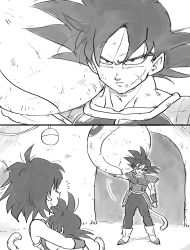 Rule 34 | 1girl, 2boys, armor, baby, bardock, black hair, boots, carrying over shoulder, comic, couple, dirty, dirty clothes, dirty face, dragon ball, expressionless, eyelashes, family, father and son, frown, full body, gine, greyscale, hetero, highres, indoors, looking at another, monochrome, mother and son, multiple boys, profile, scar, short hair, silent comic, smile, son goku, spacecraft, spiked hair, standing, ^^^, tail, tkgsize, upper body, aged down