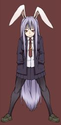 Rule 34 | 1girl, animal ears, bad id, bad pixiv id, bags under eyes, black pantyhose, blazer, crescent moon, dress shirt, hands in pockets, harukaze unipo, jacket, legs apart, loafers, long hair, moon, necktie, pantyhose, pleated skirt, purple hair, rabbit ears, red eyes, reisen udongein inaba, shirt, shoes, simple background, skirt, smile, solo, touhou, very long hair, wide stance