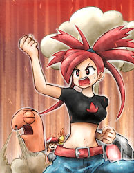 Rule 34 | 2girls, bandana, belt, belt buckle, breasts, brown hair, buckle, chibi, chibi inset, clenched hands, combusken, creatures (company), flannery (pokemon), game freak, gen 3 pokemon, hand up, kicdon, may (pokemon), midriff, multiple girls, navel, nintendo, open mouth, pants, pokemon, pokemon (creature), pokemon rse, red eyes, red hair, standing, steam, sweat, teeth, torkoal, upper teeth only