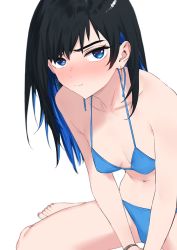Rule 34 | 1girl, bare arms, bare legs, bare shoulders, barefoot, bikini, black hair, blue bikini, blue eyes, blue hair, blue theme, blurry, blurry background, blush, breasts, collarbone, dot nose, earrings, frown, goshiki suzu, halter top bikini, jewelry, leaning forward, looking at viewer, matching hair/eyes, medium breasts, multicolored hair, navel, nose blush, original, perspective, simple background, sitting, slouching, small breasts, solo, swimsuit, tsurime, two-tone hair, wariza, white background