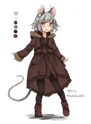 Rule 34 | 1girl, alternate costume, animal ears, black pantyhose, blush, boots, coat, color guide, contemporary, full body, grey eyes, grey hair, long sleeves, mouse ears, mouse tail, nazrin, open mouth, pantyhose, short hair, simple background, smile, solo, tail, touhou, toutenkou, twitter username, white background
