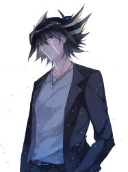 Rule 34 | 1boy, belt, belt buckle, black hair, black jacket, blue eyes, buckle, closed mouth, collarbone, facial mark, fudo yusei, grey shirt, hair between eyes, jacket, jewelry, long hair, long sleeves, male focus, multicolored hair, necklace, open clothes, open jacket, rozy, shirt, simple background, smile, solo, spiked hair, standing, streaked hair, white background, yu-gi-oh!, yu-gi-oh! 5d&#039;s