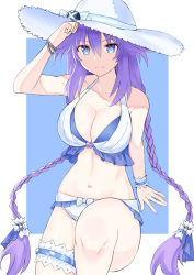 Rule 34 | 1girl, alternate costume, bikini, blue eyes, blush, braid, breasts, choujigen game neptune, compile heart, hat, highres, idea factory, large breasts, long hair, looking at viewer, navel, neptune (series), paid reward available, power symbol, power symbol-shaped pupils, purple hair, purple heart (neptunia), sitting, solo, sun hat, swimsuit, symbol-shaped pupils, thigh strap, twin braids, white background, zatsu