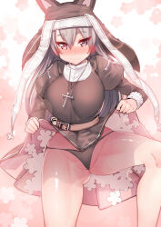 Rule 34 | 1girl, animal ears, belt, black panties, blush, breasts, cat ears, chung cthemax, clothes lift, commentary request, cowboy shot, cross, dress, dress lift, girls&#039; frontline, grey hair, habit, hair between eyes, heart, heart-shaped pupils, highres, large breasts, lifted by self, long hair, long sleeves, looking at viewer, nun, p7 (girls&#039; frontline), panties, purple eyes, smile, solo, spread legs, symbol-shaped pupils, thighs, underwear