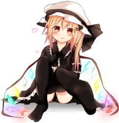 Rule 34 | 1girl, alternate costume, arm ribbon, black dress, black panties, black thighhighs, blonde hair, blush, dress, feet, female focus, flandre scarlet, glowing, glowing wings, hair ornament, hairclip, hat, hat ribbon, heart, highres, long sleeves, no shoes, outstretched foot, outstretched leg, panties, red eyes, ribbon, sitting, soles, solo, thighhighs, tosura-ayato, touhou, underwear, wide sleeves, wings