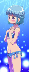 Rule 34 | 1girl, awa, blue background, blue hair, blush, bow, bow panties, bra, breasts, closed mouth, commentary request, cowboy shot, frilled bra, frilled panties, frills, hands on own chest, highres, keroro gunsou, light frown, looking to the side, navel, nishizawa momoka, panties, partial commentary, plaid, plaid bra, plaid panties, purple eyes, short hair, side-tie panties, small breasts, solo, standing, underwear, underwear only