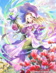 Rule 34 | 1girl, :d, aura, blonde hair, boots, bracer, breasts, cardfight!! vanguard, cloud, day, detached sleeves, dress, falling petals, flower, flower hat, foot out of frame, frilled sleeves, frills, green footwear, halter dress, halterneck, holding, holding staff, long dress, long sleeves, looking at viewer, mage staff, medium breasts, official art, open mouth, ori simo, outstretched hand, parted bangs, petals, pleated dress, purple dress, purple eyes, purple flower, purple headwear, red flower, side slit, smile, solo, staff, standing, standing on one leg, teeth, thigh boots, upper teeth only, yellow flower