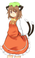 Rule 34 | 1girl, animal ear fluff, animal ears, arms behind back, blouse, bow, bowtie, brown hair, cat ears, cat tail, chen, cowboy shot, frilled skirt, frills, hat, kibisake, mob cap, multiple tails, nekomata, red eyes, s katsuo, shirt, short hair, simple background, skirt, solo, tail, touhou, two tails, vest, white background, white shirt, yellow bow, yellow bowtie