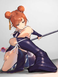 Rule 34 | 1girl, absurdres, artist name, blue dress, blue footwear, boots, brown eyes, brown hair, commentary request, criss-cross halter, dated, double bun, dress, foreshortening, hair bun, hair ornament, halterneck, highres, holding, holding polearm, holding weapon, laufen (sousou no frieren), polearm, simple background, smile (qd4nsvik), solo, sousou no frieren, spear, tassel, tassel hair ornament, v-shaped eyebrows, weapon, white background