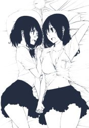 Rule 34 | 2girls, arm pillow, black hair, black skirt, blush, bow, bowtie, breasts, cleavage, clothes grab, cowboy shot, dress shirt, earphones, eye contact, face-to-face, glasses, greyscale, highres, holding hands, interlocked fingers, long hair, looking at another, lying, medium hair, midriff, miniskirt, monochrome, multiple girls, navel, ogino jun, on bed, original, partially unbuttoned, pillow, rimless eyewear, shared earphones, shirt, short sleeves, skirt, sleeve grab, unbuttoned, unbuttoned shirt, white background, yuri