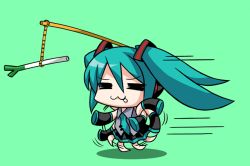 Rule 34 | 1girl, :3, = =, blue hair, detached sleeves, female focus, full body, hatsune miku, konno tohiro, long hair, motion lines, necktie, running, saliva, solo, spring onion, twintails, vocaloid