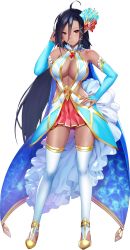 Rule 34 | 1girl, ahoge, artwhirl mahou gakuen no otome-tachi, black hair, blue sleeves, breasts, bridal gauntlets, cleavage, closed mouth, dark-skinned female, dark skin, detached sleeves, full body, hair between eyes, hair ornament, hand in own hair, hand on own hip, highres, large breasts, long hair, long sleeves, looking at viewer, mana (remana), miniskirt, naru (artwhirl), pink skirt, pleated skirt, pointy ears, red eyes, skirt, solo, standing, tachi-e, thighhighs, transparent background, very long hair, white thighhighs