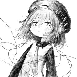Rule 34 | 1girl, beret, blush, cable, collared shirt, copyright name, expressionless, floating hair, greyscale, hat, headphones, highres, kilsturgeon, long sleeves, looking at viewer, messy hair, microphone, monochrome, necktie, parted lips, raised eyebrows, shirt, short hair, simple background, solo, tie clip, upper body, utane uta, utau, vest