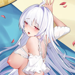 Rule 34 | 1girl, ahoge, back, bare shoulders, blush, breasts, cirnos, dakimakura (medium), detached sleeves, fate/grand order, fate (series), hair intakes, lady avalon (fate), lady avalon (second ascension) (fate), long hair, merlin (fate/prototype), nipples, open mouth, red eyes, sideboob, sideways, solo, white hair