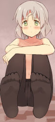 Rule 34 | 1girl, black pantyhose, blush, collarbone, crossed arms, crotch seam, feet, flat chest, glastonbury1966, green eyes, navel, pantyhose, sanya v. litvyak, short hair, silver hair, sitting, soles, solo, strike witches, toes, topless, world witches series