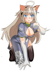 Rule 34 | 1girl, ahoge, all fours, animal ears, black thighhighs, blue eyes, blush, breasts, cat ears, china dress, chinese clothes, cleavage, cleavage cutout, clothing cutout, dress, elbow gloves, fake animal ears, gloves, hair ornament, hairclip, highres, kent (warship girls r), long hair, open mouth, paw pose, short sleeves, silver hair, solo, thighhighs, very long hair, warship girls r, wavy mouth, white gloves, xian ting xinbu