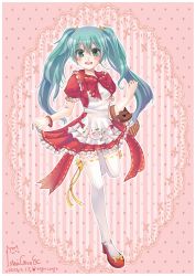 Rule 34 | 10s, 1girl, 2013, aqua hair, basket, bracelet, character name, dated, dress, green eyes, hatsune miku, highres, jewelry, little red riding hood, long hair, skirt hold, solo, thighhighs, twintails, vocaloid, wolf