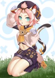 Rule 34 | 1girl, :o, animal ear fluff, animal ears, aqua eyes, arm up, beret, black hat, blush, cat ears, cat tail, choker, commentary request, crop top, diona (genshin impact), forehead, genshin impact, gloves, grass, hand up, hat, highres, linreplica, looking at viewer, midriff, navel, parted lips, paw pose, pink hair, purple shorts, seiza, shirt, short hair, short shorts, shorts, sitting, solo, stomach, tail, thighs, topknot, white background, white choker, white gloves, white shirt
