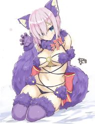 Rule 34 | 1girl, 3:, animal ears, animal hands, black panties, blue eyes, breasts, claw pose, cleavage, cosplay, elbow gloves, eyes visible through hair, fate/grand order, fate (series), fur trim, gloves, goekawa, hair ornament, hair over one eye, hairclip, hamakaze (kancolle), kantai collection, large breasts, look-alike, mash kyrielight, mash kyrielight (dangerous beast), mash kyrielight (dangerous beast) (cosplay), navel, o-ring, o-ring top, official alternate costume, panties, paw gloves, pink hair, purple gloves, purple thighhighs, shielder (fate/grand order) (cosplay), sitting, solo, tail, thighhighs, underwear, wolf ears, wolf tail