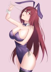 Rule 34 | 1girl, absurdres, animal ears, breasts, champagne flute, cup, drinking glass, fake animal ears, fate/grand order, fate (series), highres, leotard, nmi, official alternate costume, playboy bunny, rabbit ears, red eyes, red hair, scathach (fate), scathach (piercing bunny) (fate), simple background, thighs, tongue, tongue out