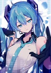 Rule 34 | 1girl, aqua eyes, aqua hair, bare shoulders, black gloves, black sleeves, blurry, blurry foreground, commentary, depth of field, detached sleeves, expressionless, fingerless gloves, gloves, graphic equalizer, grey shirt, hair ornament, hands up, hatsune miku, headphones, headset, highres, jitome, long hair, looking at viewer, necktie, outstretched arm, reaching, reaching towards viewer, ringed eyes, shirt, shoulder tattoo, signature, sleeveless, sleeveless shirt, solo, tattoo, twintails, upper body, very long hair, vocaloid, wanaxtuco