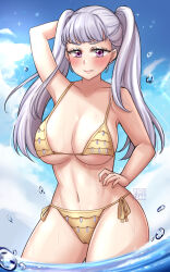 Rule 34 | 1girl, black clover, blush, breasts, female focus, highres, large breasts, noelle silva, purple eyes, silver hair, swimsuit, text focus, twintails