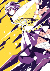 Rule 34 | 1girl, bow, eyebrows hidden by hair, fishnets, floating, floating object, floating weapon, highres, holding, holding knife, japanese clothes, knife, kunai, looking to the side, mochizuki azami, open hand, purple eyes, purple hair, purple skirt, sakura taisen, sdwing, shin sakura taisen, short hair, skirt, solo, textless version, v-shaped eyebrows, weapon, yellow background, yellow bow