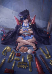 Rule 34 | 10s, 1girl, artist name, axe, banchou, barefoot, blue skirt, bob cut, bowl, brown hair, can, cape, chopsticks, club (weapon), crossed arms, delinquent, drink can, flail, food, full body, geta, giraffe (artist), hat, highres, indian style, jacket, jacket on shoulders, kill la kill, looking at viewer, mankanshoku mako, morning star, mouth hold, nunchaku, pleated skirt, rice, rice bowl, sandals, school uniform, serafuku, short hair, sitting, skirt, soda can, solo, spikes, star (symbol), toes, weapon, wrench