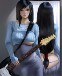 Rule 34 | 1girl, alternate costume, ass, backless outfit, black hair, borrowed design, breasts, butt crack, closed mouth, collarbone, cosplay, crop top, earrings, electric guitar, final fantasy, final fantasy vii, grey skirt, guitar, guitar little sister (hitomi o), guitar little sister (hitomi o) (cosplay), high-waist skirt, indoors, instrument, jewelry, large breasts, long hair, long sleeves, looking at viewer, low-tied long hair, mirror, no panties, paid reward available, pink lips, red eyes, reflection, skirt, sleeves past wrists, smile, solo, square enix, straight hair, swept bangs, tifa lockhart, underboob, very long hair, wei (promise 0820)