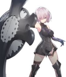 Rule 34 | 1girl, armor, armored dress, elbow gloves, fate/grand order, fate (series), gloves, hair over one eye, holding, holding shield, looking at viewer, mash kyrielight, purple eyes, purple hair, shield, short hair, simple background, solo, supernew