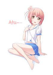 Rule 34 | 1girl, arm support, bare legs, barefoot, blue skirt, blush, bow, breasts, brown eyes, cleavage, feet, full body, hair bow, hand up, highres, ichinose hana, legs, looking at viewer, medium hair, miniskirt, navel, on ground, open mouth, pink bow, pink hair, pleated skirt, school uniform, shadow, short sleeves, sidelocks, simple background, sitting, skirt, slow start, small breasts, solo, toes, warukusu, white background