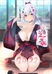 Rule 34 | 1girl, 2022, bodypaint, bow, breasts, cleavage, closed mouth, door, full body, grey hair, hair bow, hair ornament, highres, holding, holding paintbrush, holding paper, indoors, japanese clothes, kimono, large breasts, looking at viewer, original, paintbrush, paper, pink bow, pink kimono, red eyes, seiza, short hair, signature, sitting, skindentation, smile, solo, spider web print, thighhighs, thighs, tousen, virtual youtuber, wooden floor