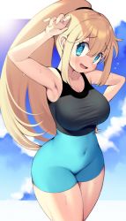 Rule 34 | 1girl, :d, armpits, blonde hair, blue eyes, blue sky, blush, bodysuit, breasts, cleavage, covered navel, cowboy shot, highres, iroyopon, large breasts, looking at viewer, multicolored bodysuit, multicolored clothes, open mouth, ponytail, sky, smile, solo, sweat, swimsuit, wide hips