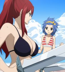 Rule 34 | 2girls, bikini, blue hair, breasts, brown eyes, cleavage, cloud, erza scarlet, fairy tail, female focus, highres, large breasts, levy mcgarden, long hair, multiple girls, ponytail, red hair, screencap, short hair, stitched, swimsuit, sword, third-party edit, weapon, yellow eyes
